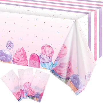 3 Pieces Ice Cream Party Tablecloth Ice Cream Table Cover Disposable Plastic Tablecloth Summer Table Covers for Baby Girls Showe