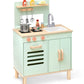 Pillowhale Wooden Play Kitchen Set, Mint Green Stove & Sink with 5 Stainless Steel Tools, Click Knobs, Storage Cabinets, Montess