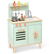 Pillowhale Wooden Play Kitchen Set, Mint Green Stove & Sink with 5 Stainless Steel Tools, Click Knobs, Storage Cabinets, Montess
