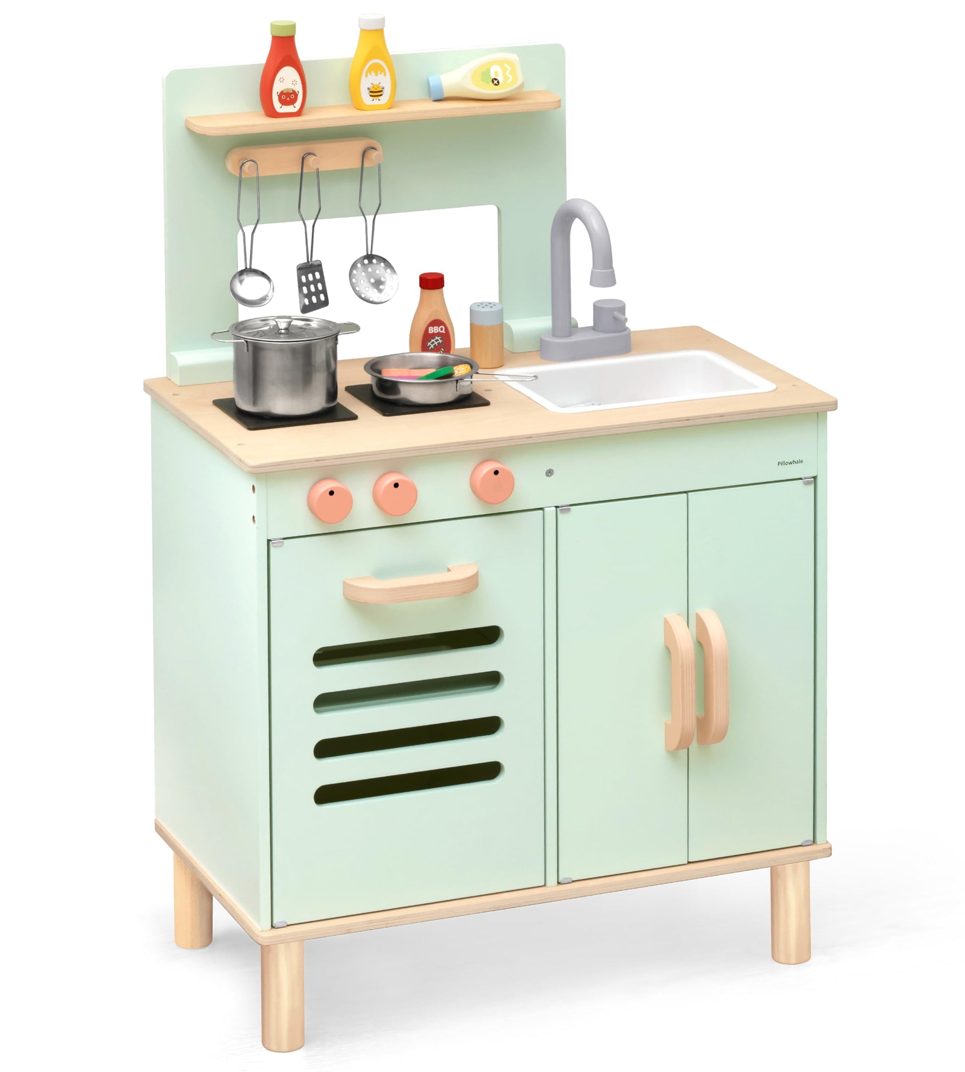 Pillowhale Wooden Play Kitchen Set, Mint Green Stove & Sink with 5 Stainless Steel Tools, Click Knobs, Storage Cabinets, Montess