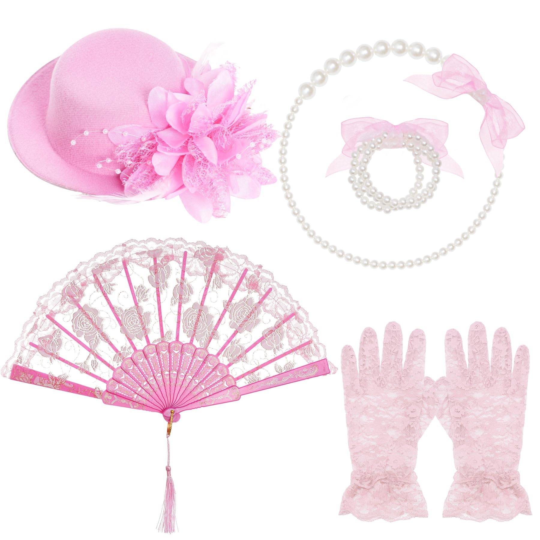 Obmwang 5 Pieces Girls Tea Party Supplies Tea Party Gloves Hats Girls Kids Tea Party Necklace Fan For Girls Tea Party Costume