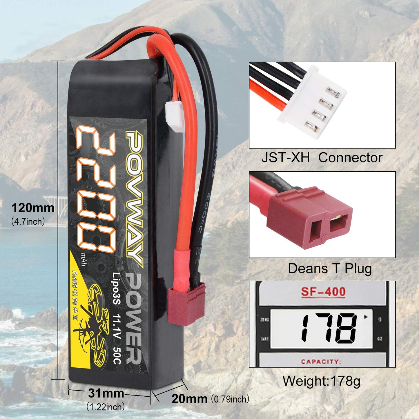 POVWAY 3S 11.1 V 2200mAh LiPo Battery 50C RC Battery with T Plug Compatible RC Airplane, RC Helicopter,Drone ect.(2 Pack)