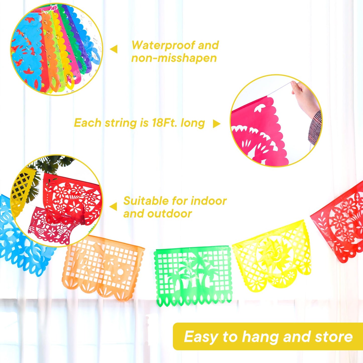 Domestar 90 Feet Mexican Party Banners, 5Pcs Plastic Fiesta Banner Cinco De Mayo Dia De Los Muertos Decor Day Of The Dead Papel Picado For Mexican Party Supplies