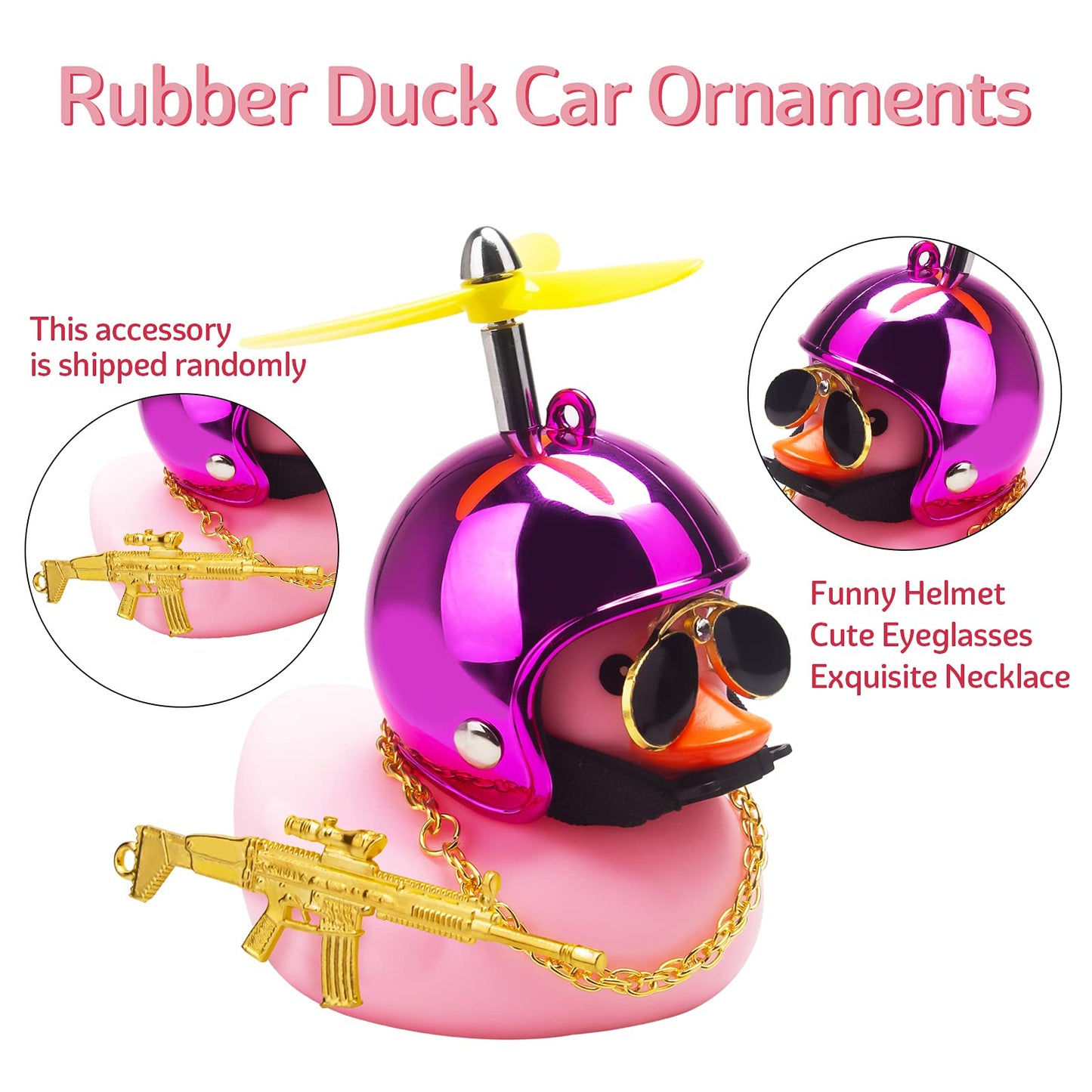 Wonuu Rubber Duck Car Ornaments Pink Duck Car Dashboard Decorations Set With Propeller Helmet, Sunglasses, And Gold Chain. (W-Pink-Gorgeous Rose)
