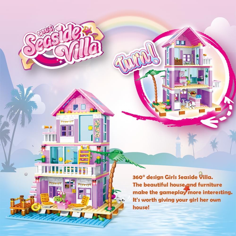 Pusiti Girls Building Blocks Dream House Toys 573 Pieces Seaside Beach Villa Friends Building Set Educational Holiday Cottage Construction Bricks Toys