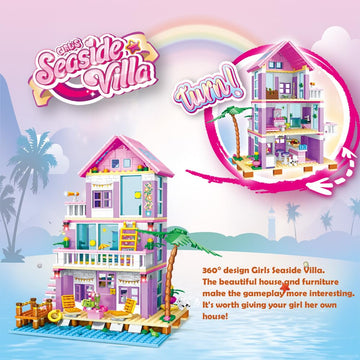 Pusiti Girls Building Blocks Dream House Toys 573 Pieces Seaside Beach Villa Friends Building Set Educational Holiday Cottage Construction Bricks Toys