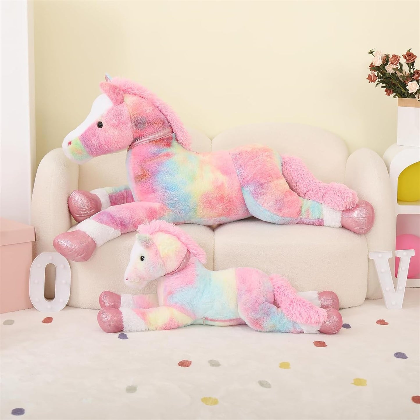Tezituor 47 Inch Pink Tie-Dye Horse Plush Toy, Soft Stuffed Animal Pillow for Kids and Adults
