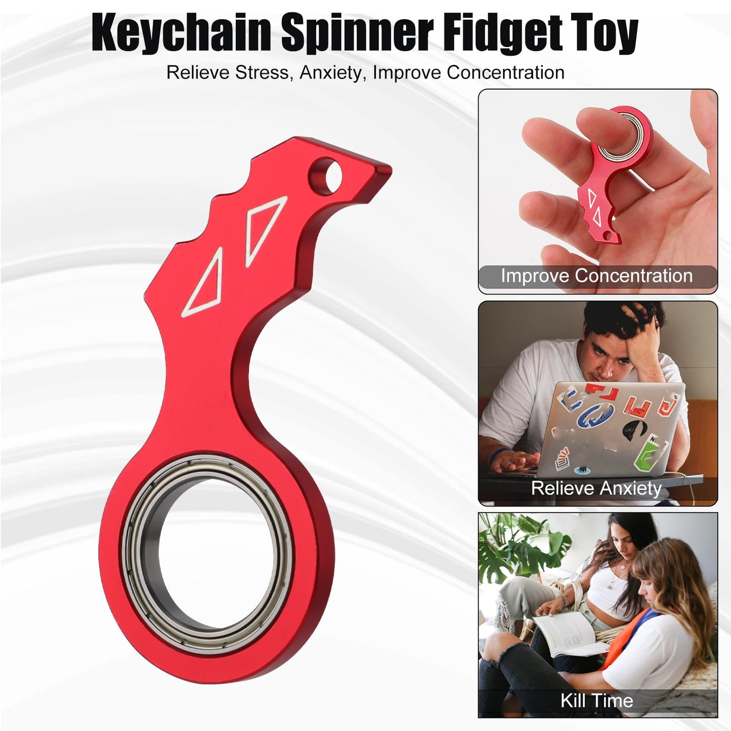 Keychain Spinner Fidget Toy With Key Ring, Funny Finger Spinning Key Chain Portable Key Holder Toys For Teens Adults Men Women Finger Exercising (Red)
