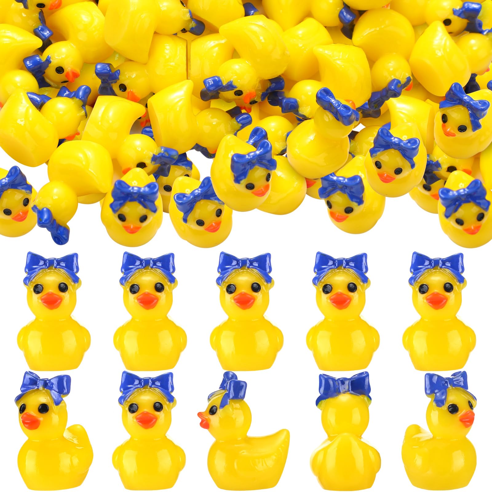 Weysat 60 Pcs Mini Cheer Resin Ducks Cheer Team Gifts Bulk Tiny Blue Bow Ducks Miniature Figurine Decoration Tabletop Shelf Cent