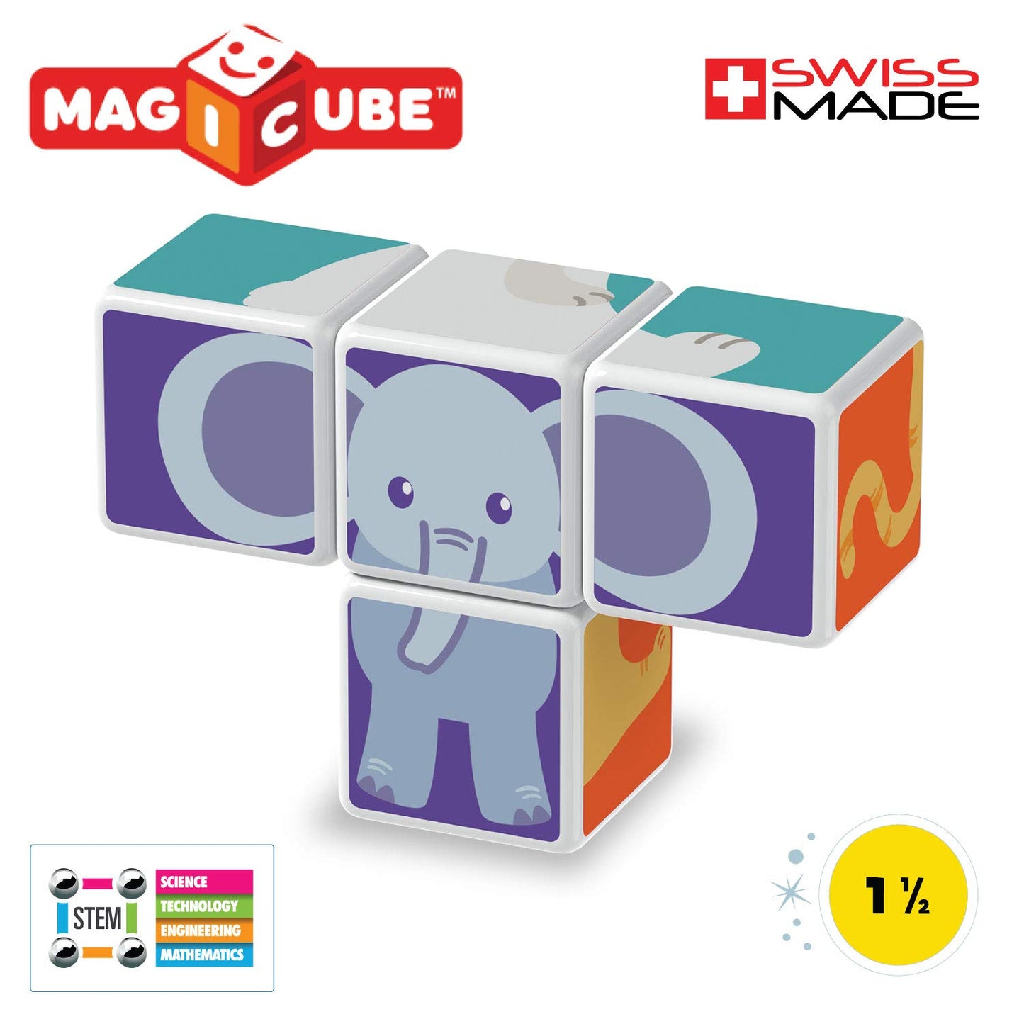 Geomag Magicube Animal Friends 4-Piece Magnetic Stacking Cubes Building Set, Toddlers & Kids Ages 1.5+, Stem Educational Toy, Swiss-Made, Creativity, Imagination, Learning, 6 Adorable Building Ideas