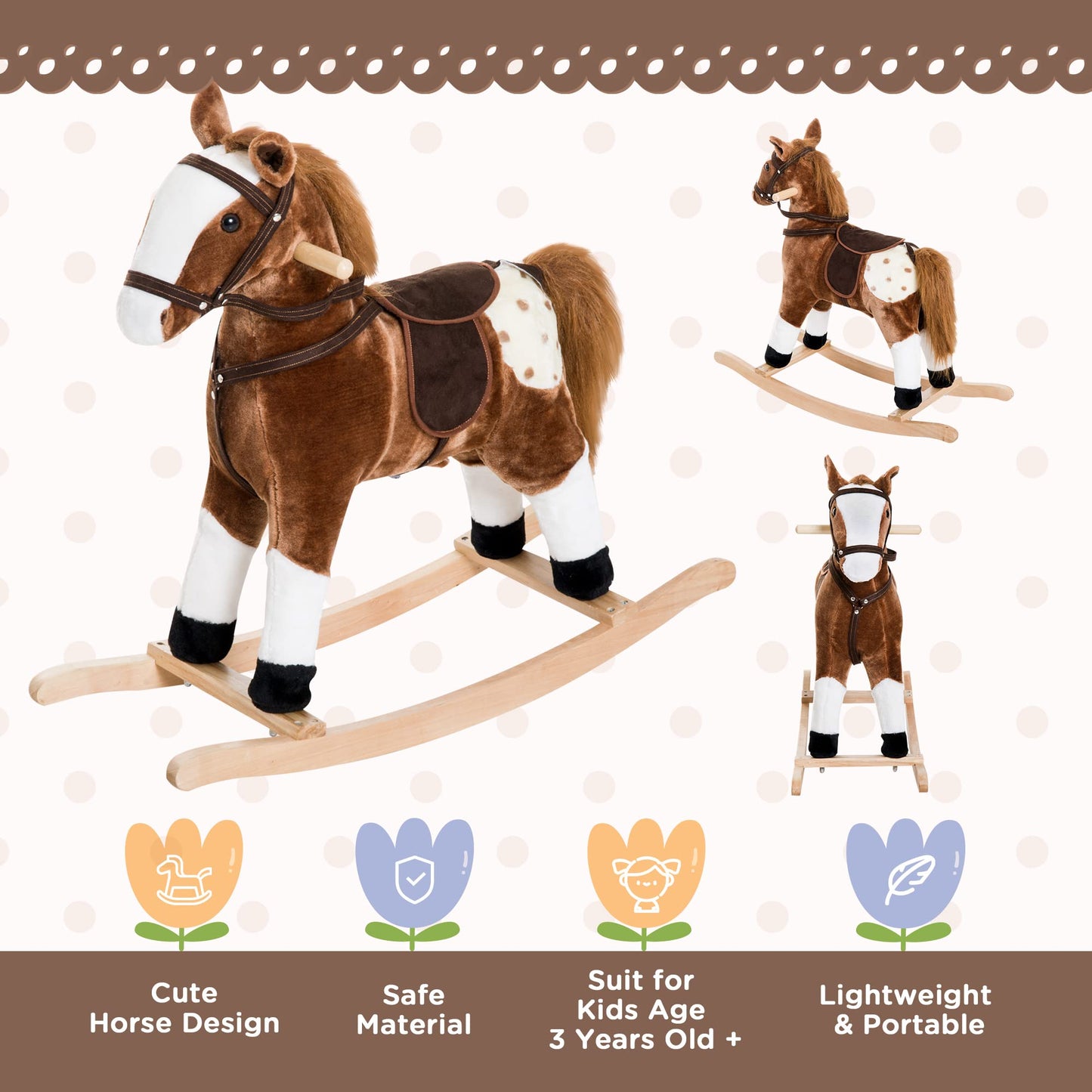Qaba Kids Rocking Horse Plush Ride On Toy Toddler Rocker For Boys Girls Gifts With Realistic Sounds, Brown