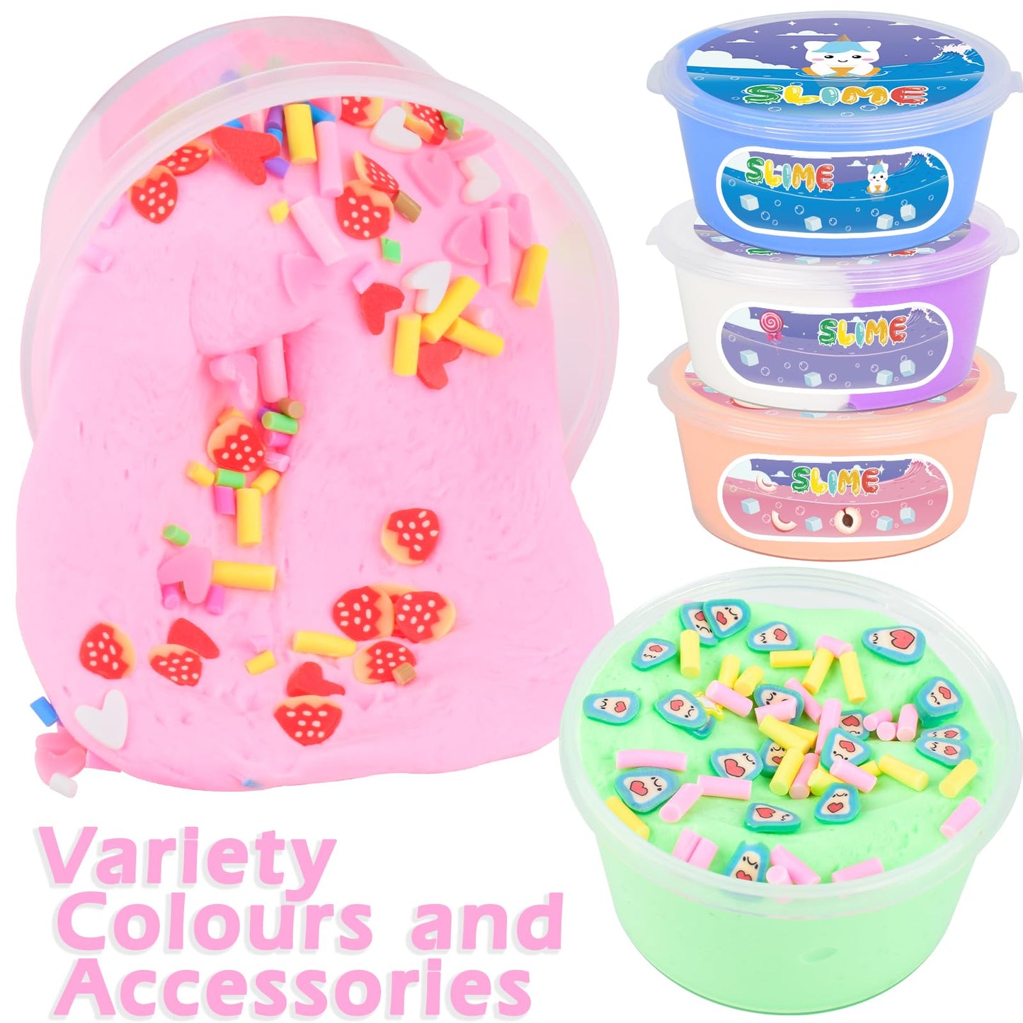 15 Pack Butter Slime Kit with Fruits Charms, Birthday Gift, Slime Party Favors for Girls and Boys, Super Soft & Non-Sticky, Scen