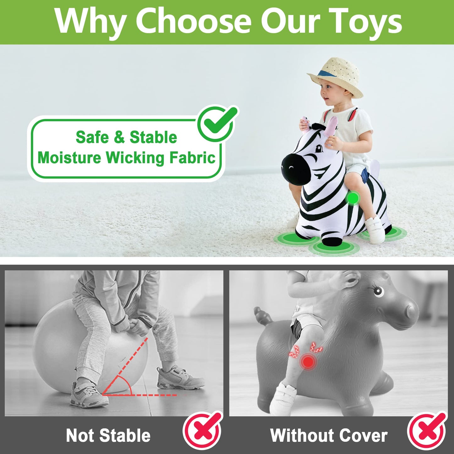 iPlay, iLearn Bouncy Pals Inflatable Zebra Hopper - Plush Ride-On Toy for Kids 18 Months to 5 Years - Large, White