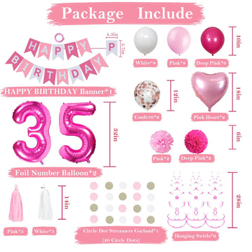Sweet 35Th Birthday Decorations For Women, Pink And White 35 Happy Birthday Balloons, 35Th Birthday Party Supplies Including Pin
