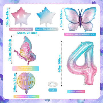 Butterfly Balloons 4Th Birthday Decorations For Girls, Gradient Pink Colorful Butterfly Foil Balloon, Giant Number 4 Foil Mylar