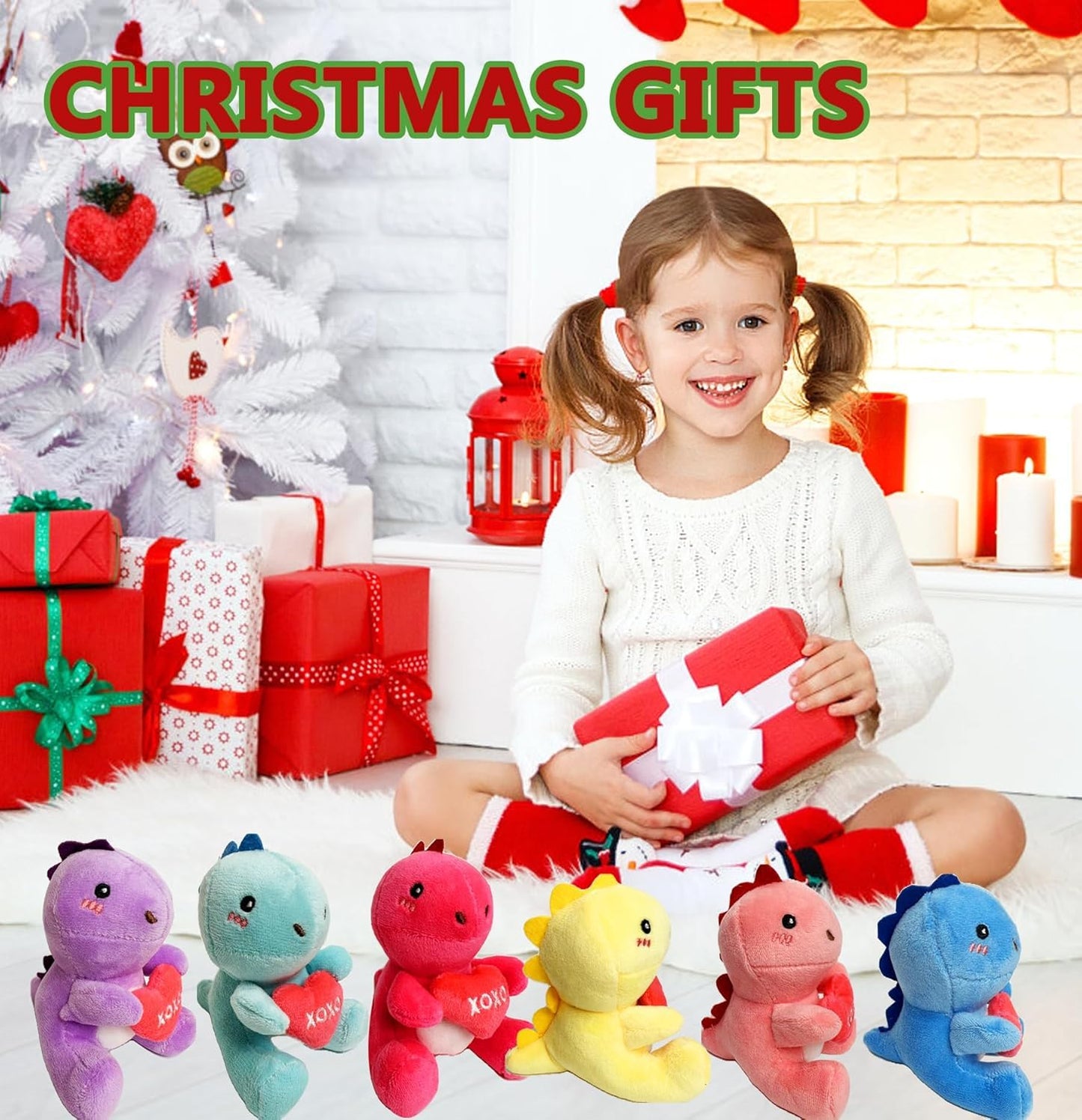 Bombpark 6Pcs Cute Dinosaur With Red Heart Plush Toys,Dinosaur Stuffed Animals,Unique Valentine'S Day Gifts For Kids,Valentine G
