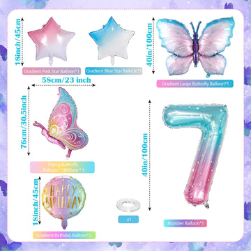 Butterfly Balloons 7Th Birthday Decorations For Girls, Gradient Pink Colorful Butterfly Foil Balloon, Giant Number 7 Foil Mylar