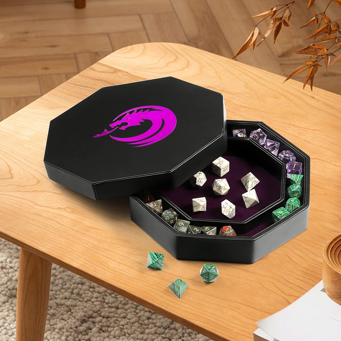 DNDND Dice Rolling Tray with Lid, Octangle Tray and Storage for Dice Game Dungeons and Dragons DND D&D or Tabletop RGP Gaming (P
