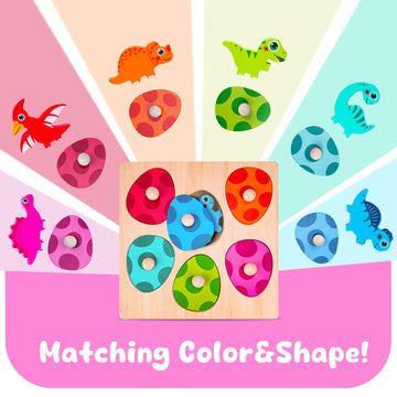 Auntyfey Dinosaur Wooden Toddler Puzzle 1-3, Montessori Toys For 1 2 3 Year Old, Dinosaur Eggs Peg Puzzles, Kid Wooden Puzzles A