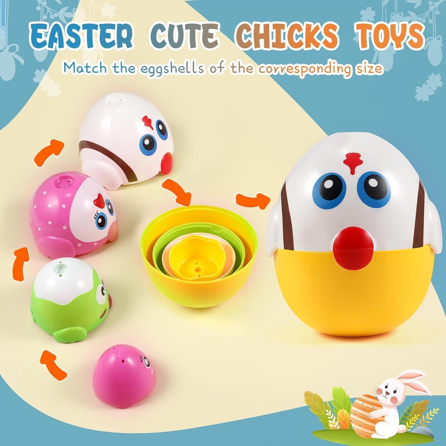 Okkidy Easter Egg Toys For Toddlers - 8 Pcs Nesting & Stacking Chicks, Fillable Plastic Eggs, Educational Easter Gift For 18M, 2