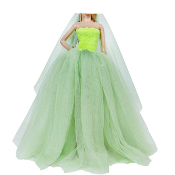 Bjdbus For 11.5 Inch Girl Doll Clothes, Green Trailing Wedding Dress With Veil Dinner Party Gown