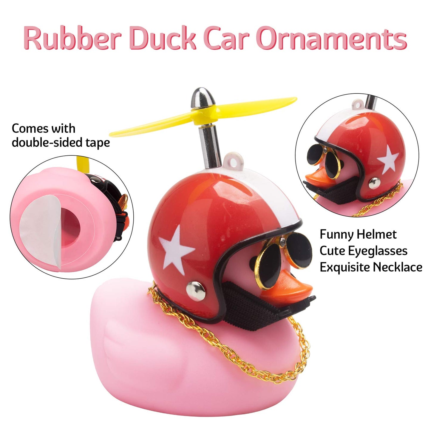 Wonuu Pink Duck Car Decorations - Rubber Duck Car Ornaments With Propeller Helmet Sunglasses & Gold Chain (Red Hat White Star)