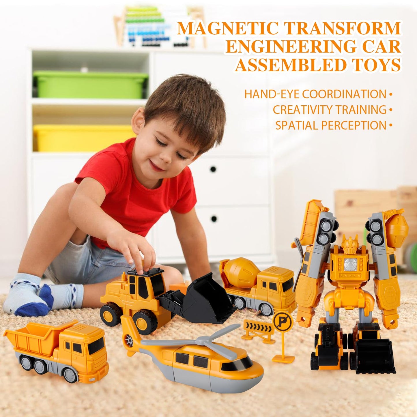 Magnetic Transform Engineering Car Assembled Toys, Construction Vehicles Toys With Storage Box, Transforming Robot Toys Magnetic Blocks For Kids Age 3+ Outdoor Toddler Activities Toys(35 Pcs)
