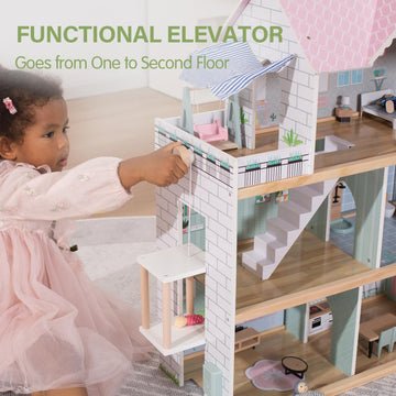 Large Pink Wooden Dollhouse With Furniture For Girls, 6 Rooms 2.6Ft High With Elevator,Doorbell, Light,15 Pcs Furniture & 3 Doll