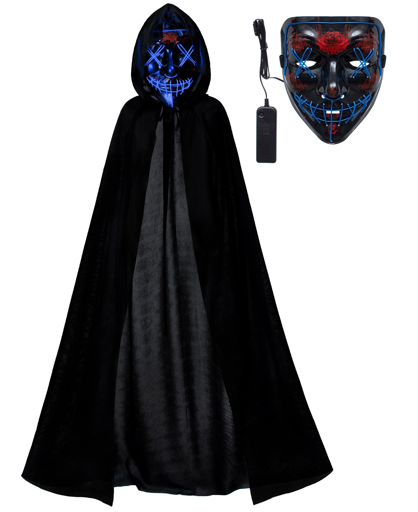 Kids Full Length Hooded Velvet Cloak Halloween Cape Costumes With Blue Led Light Up Scary Mask (47'/120Cm)