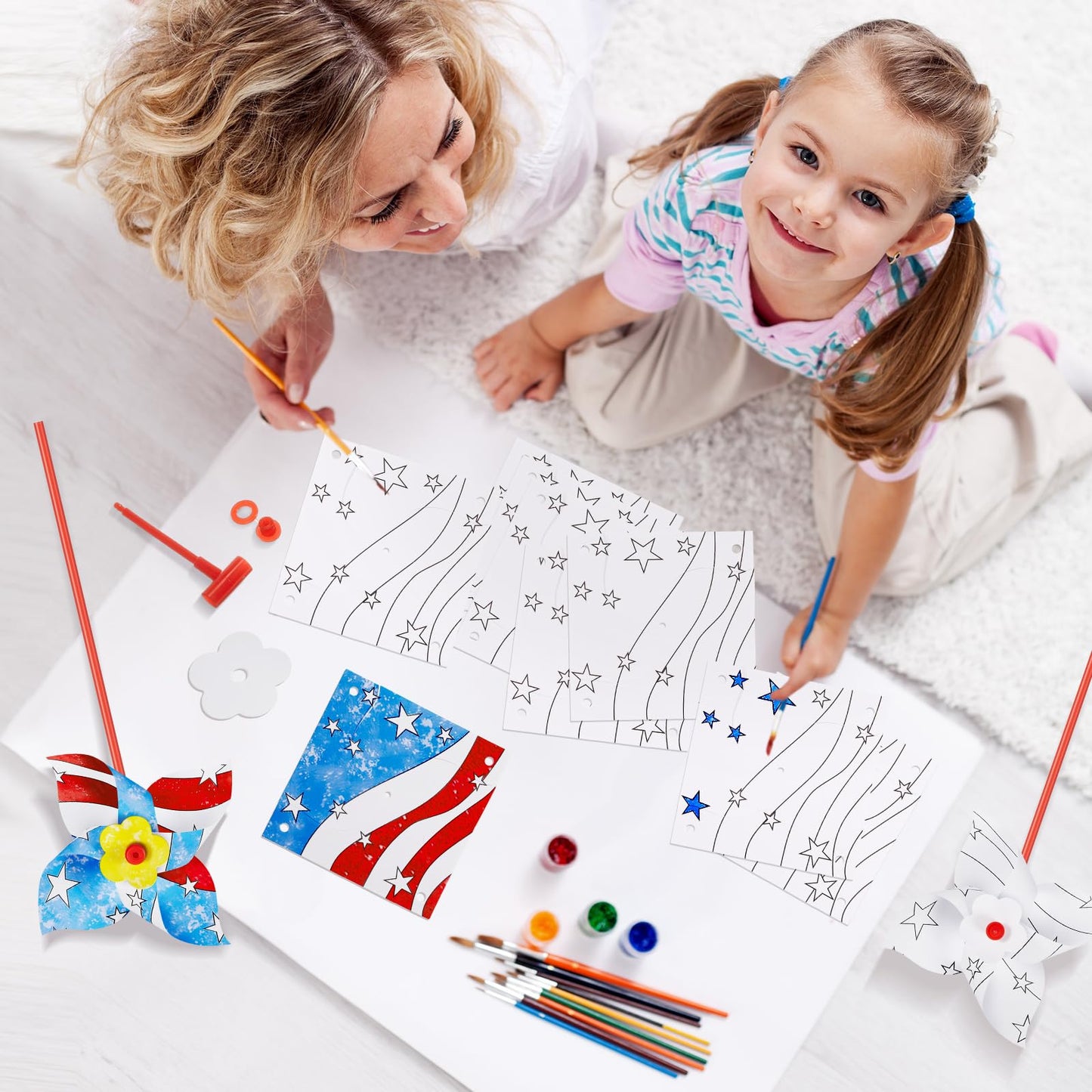 100 Pcs DIY Pinwheels Craft White Blank Paper Pinwheels Patriotic Craft Bulk Spring Summer Graffiti Art Kit for Kids Fun Activit