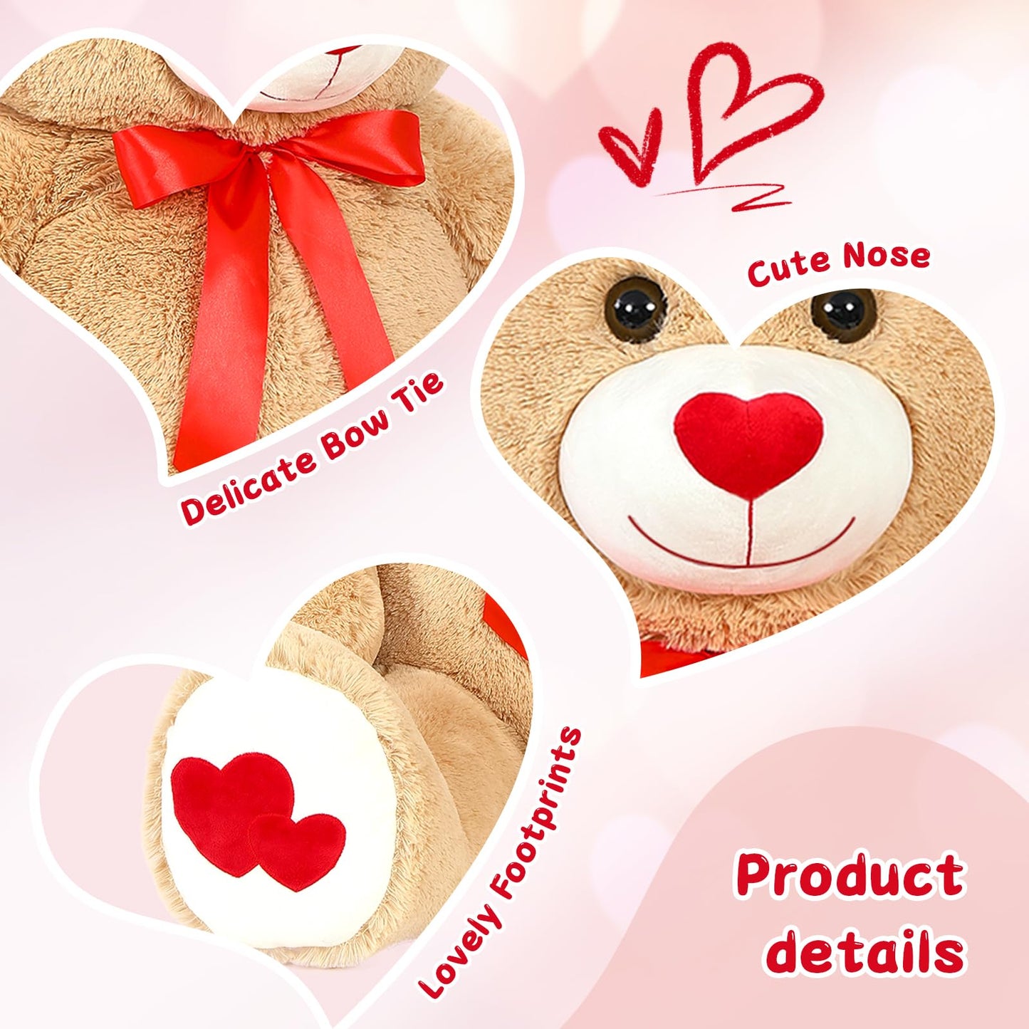 Beniny Red Heart Giant Teddy Bear 6Ft, Big Teddy Bear Stuffed Animals With Embroidered I Love You For Girlfriend Christmas Birth