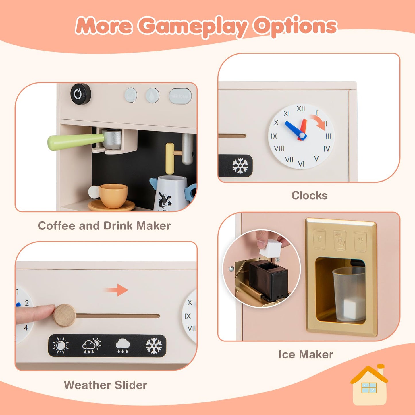 HONEY JOY Kids Kitchen Playset, Wooden Play Kitchen for Toddlers, Ice Maker & Coffee Maker, Stove, Faucet, Microwave, Large Stor