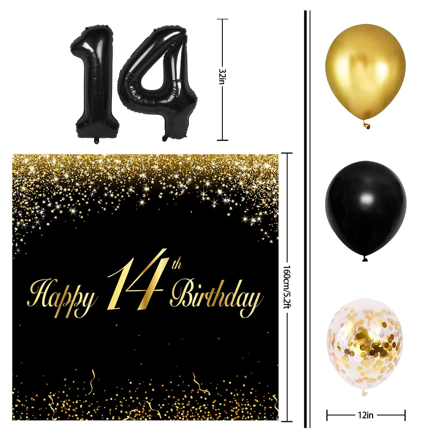 Happy 14Th Birthday Balloons Black Set Decor - Cheers To 14 Years Old Party Theme Garland Banner Backdrop Decorations For Boy An