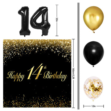 Happy 14Th Birthday Balloons Black Set Decor - Cheers To 14 Years Old Party Theme Garland Banner Backdrop Decorations For Boy An