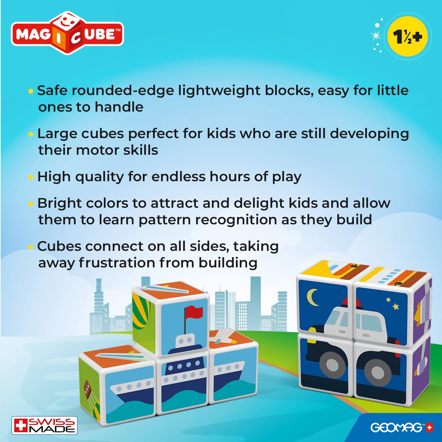 Geomag Magicube Transport 4-Piece Magnetic Stacking Cubes Building Set, Toddlers & Kids Ages 1.5 And Up, Stem Educational Toy, Swiss-Made, Creativity, Imagination, Learning, 6 Adorable Building Ideas