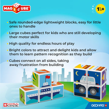 Geomag Magicube Transport 4-Piece Magnetic Stacking Cubes Building Set, Toddlers & Kids Ages 1.5 And Up, Stem Educational Toy, Swiss-Made, Creativity, Imagination, Learning, 6 Adorable Building Ideas