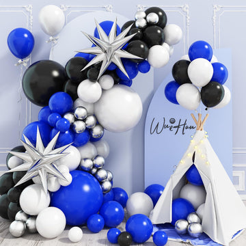 Blue Black And White Balloon Arch Kit, Navy Dark Royal Blue White Black Balloon Garland Kit With Metallic Silver Latex Balloons