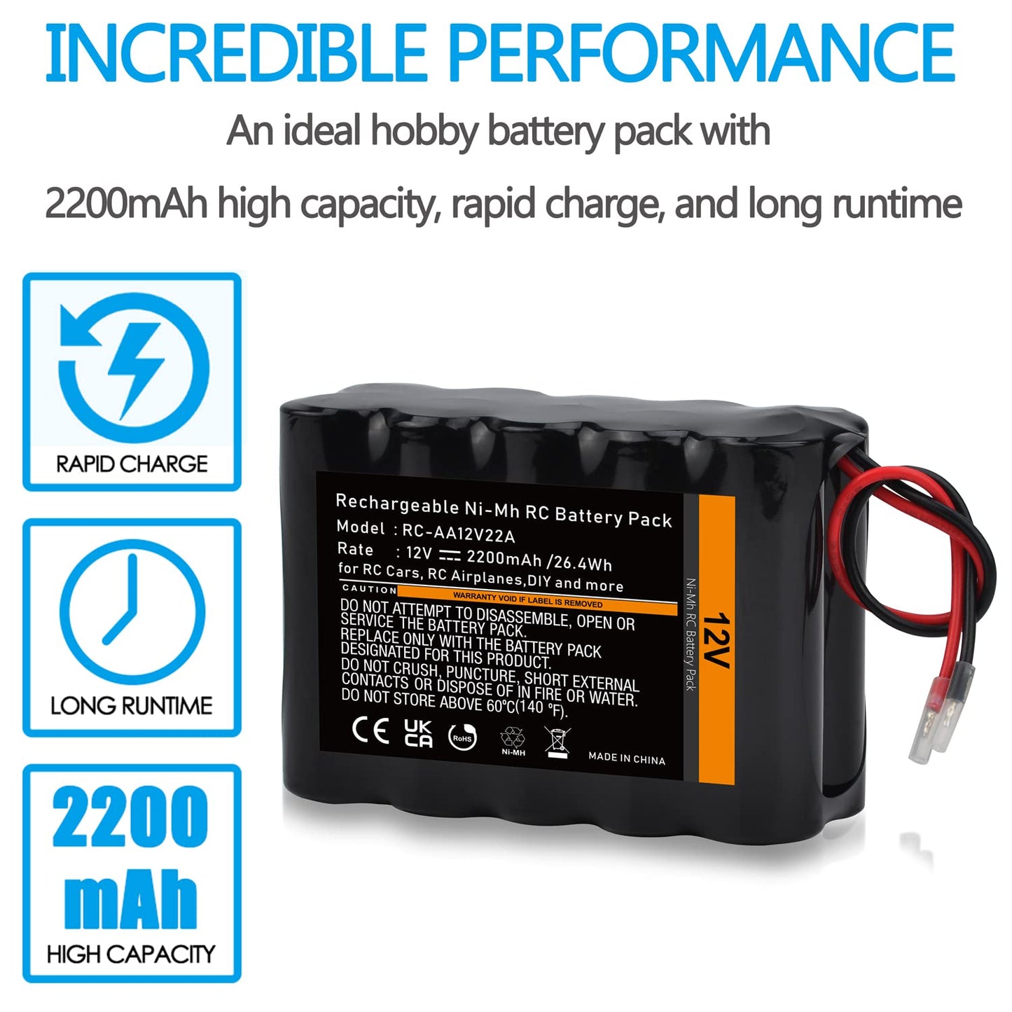 Tectra 12V RC Battery with Bare Leads, 2200mAh High Capacity Ni-MH 10 Cells Rechargeable Battery Pack for RC Car, RC Boat, RC Ro