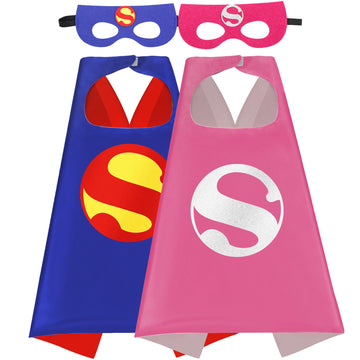 Mizzuco Superhero Capes For Kids Cloak With Mask Halloween Costumes And Party Dress Up 2Pcs(Pink +Blue