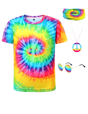 Inrajoper Boys 4 Pcs Hippie Costume Accessories Set 60S 70S Colorful Kids Fun Tie Dye T-Shirt For Theme Party 11-12 Years Rainbo