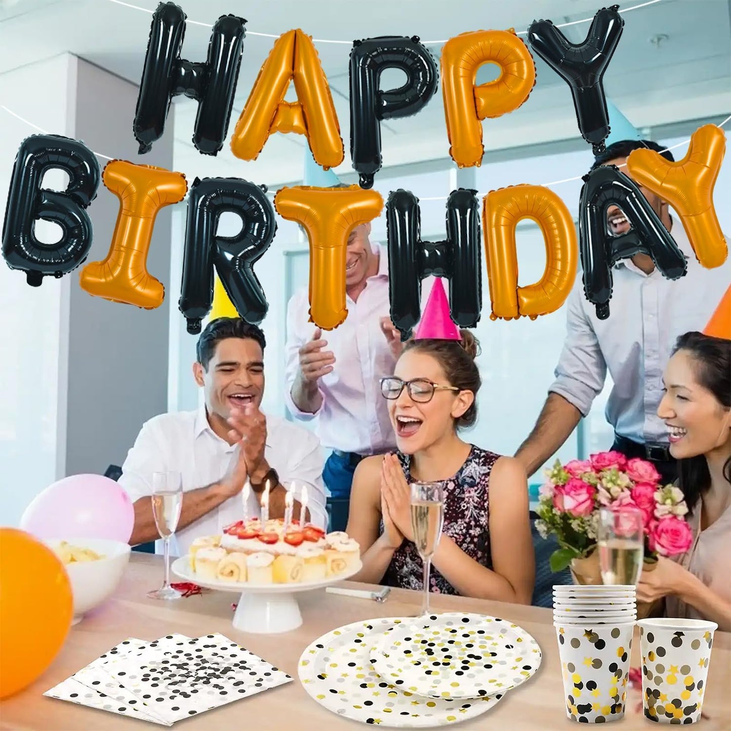TONIFUL 16 Inch Black Orange Mylar Foil Birthday Balloons Banner Happy Birthday Balloon Letters for Adults & Girls Boys Kids Bir