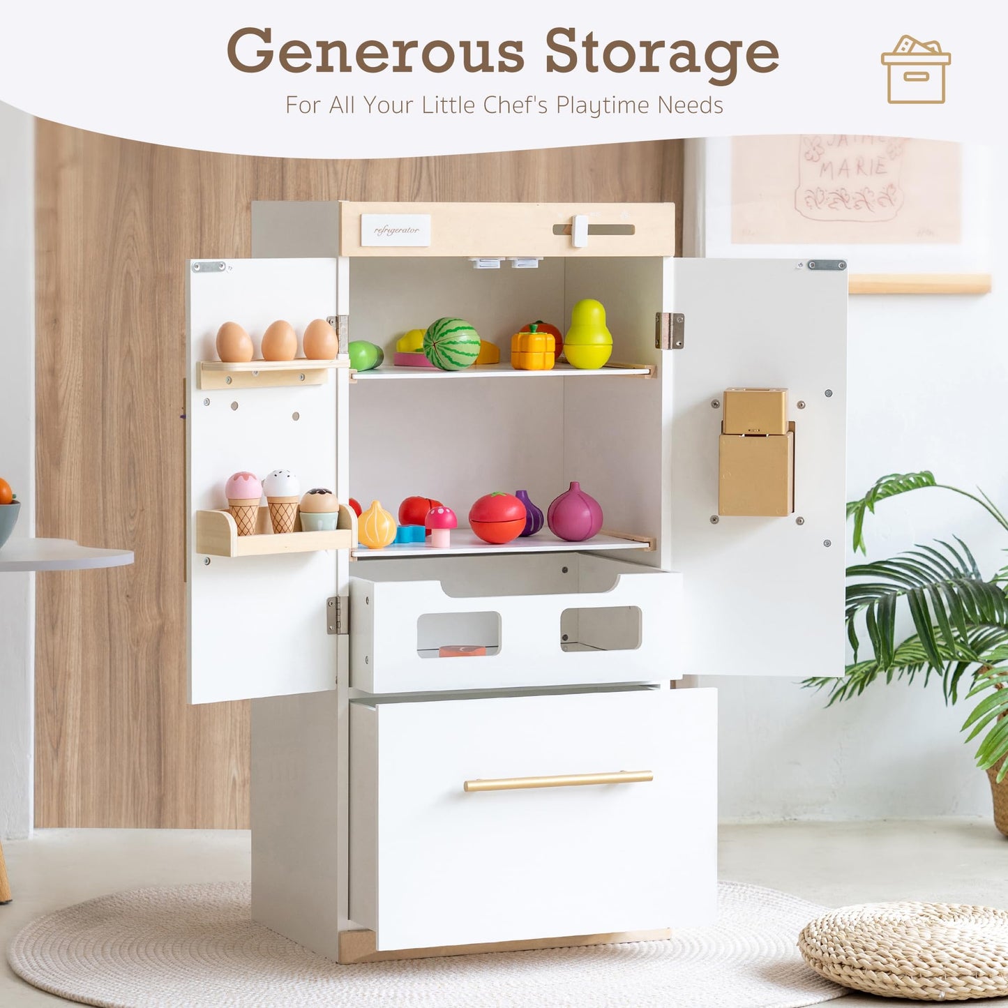 Wooden Play Kitchen Fridge - Interactive Ice Maker, Double Door Storage & Creative Fridge Magnets, Pretend Play Refrigerator For