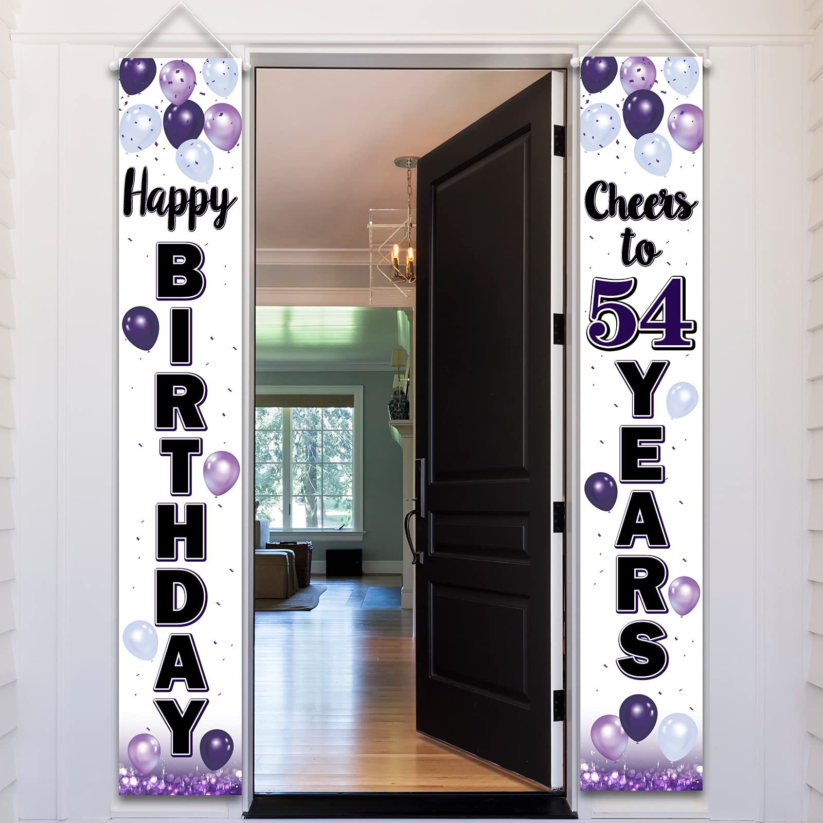 LASKYER Happy 54th Birthday Decorations,54th Purple Balloon Birthday Theme Door Hanging Banner Sign,54 Years Old Bday Party Supp