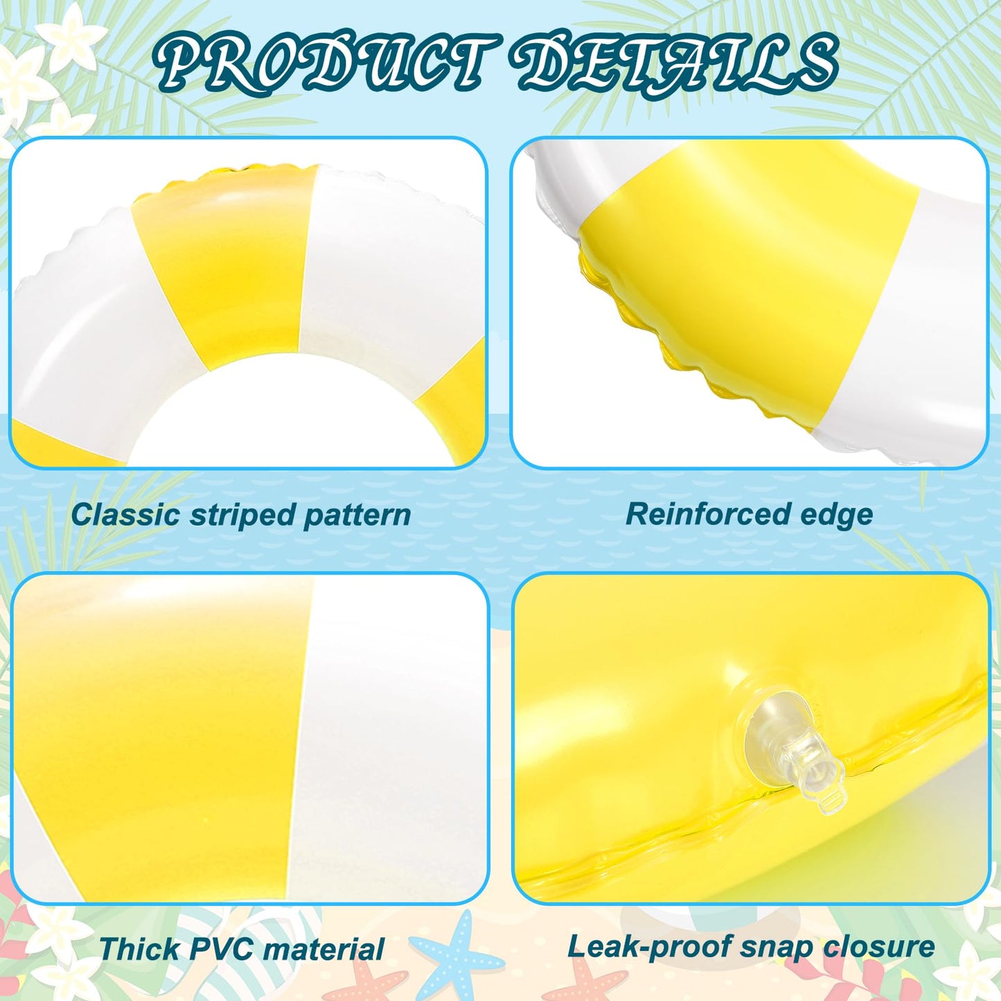 Whaline 4Pcs White Yellow Inflatable Swimming Float Toy Striped Swim Ring Fun Print Pool Lounger Tube for Teen Boy Girl Summer Swimming Beach Party  22.8 Inch