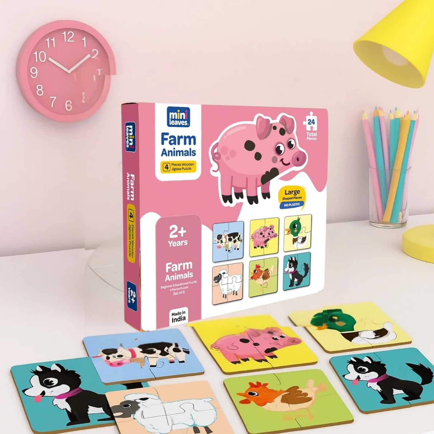 Mini Leaves 4 Piece Wooden Puzzle For Kids - Set Of 6 Farm Animals Jigsaw Puzzle - Puzzles For Kids For Age 2 And Above - Safe &