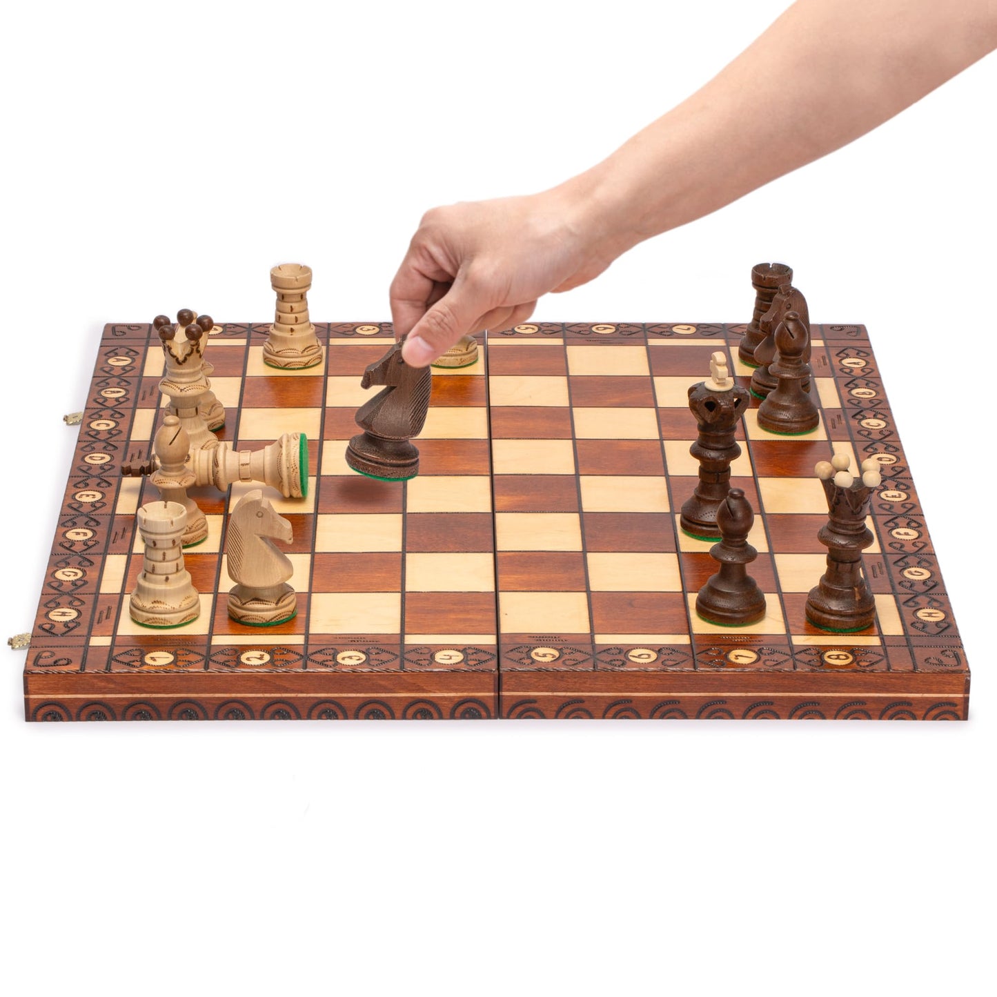 Husaria Wooden Chess Set - Ambassador, 21.7 Inch Large, Handcrafted Brown Chessmen, Felted Folding Board, Model SU-CH128-B