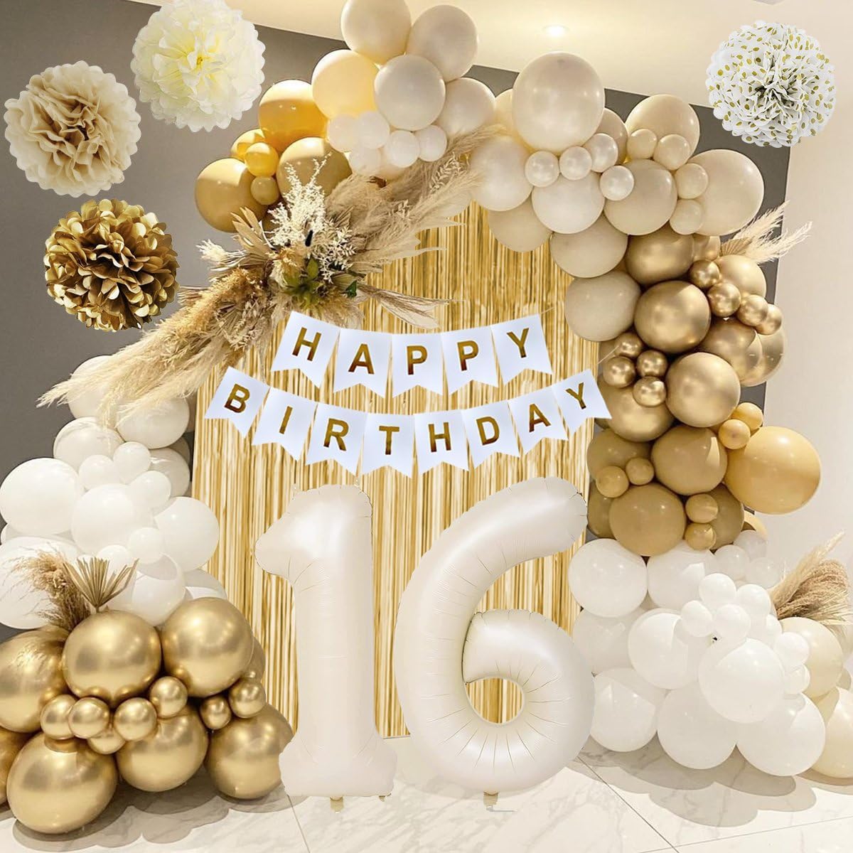 Sweet 16 Birthday Decorations, White And Gold 16Th Birthday Decorations For Girls Boy 16Th Happy Birthday Banner Tablecloth Frin