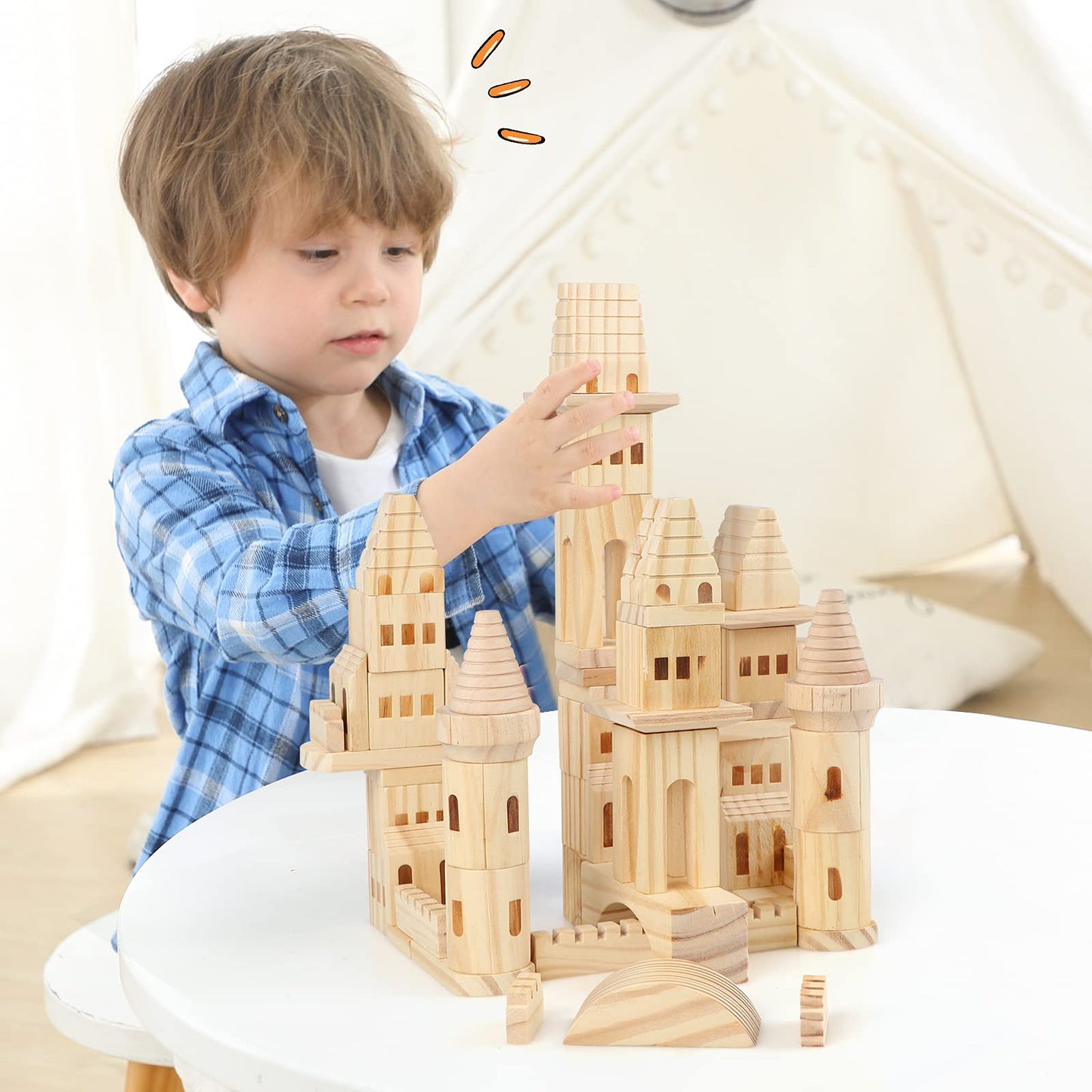 Garlictoys Wooden Castle Blocks Kit - 75 Pieces, Medieval Knights & Princesses, Beige, Model WC, Perfect for Kids Boys and Girls
