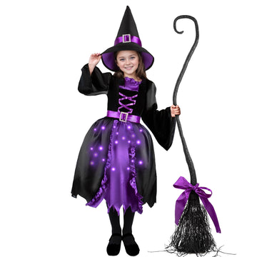 Kiddokids Witch Costume Set With Wand And Hat For Girls, Led Light Up Halloween Dress Up For 3-12 Year Olds, Parties And Role Pl