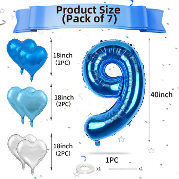 Biapian 40 Inch Blue Number 9 Balloons, Large Number 9 Balloon With 18'' Dark Blue And Silver Foil Heart Shape Balloons Helium F